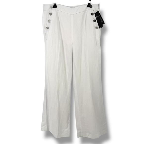 Karl Lagerfeld Paris Sailor Button Linen Wide Leg Pants Womens Size 14 White - Picture 2 of 8